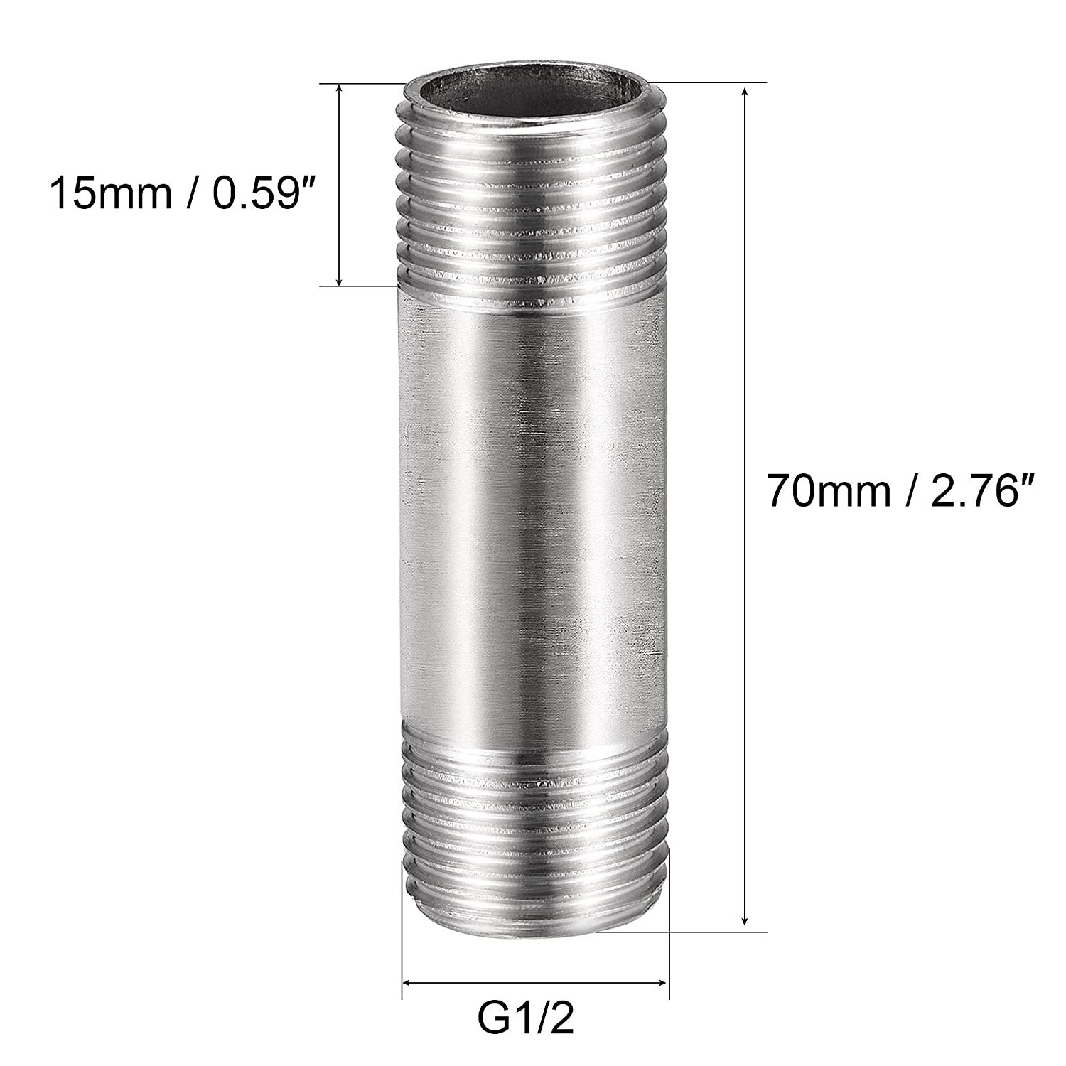 uxcell Stainless Steel Pipe Fitting G1/2 Male to G1/2 Male Thread 70mm ...