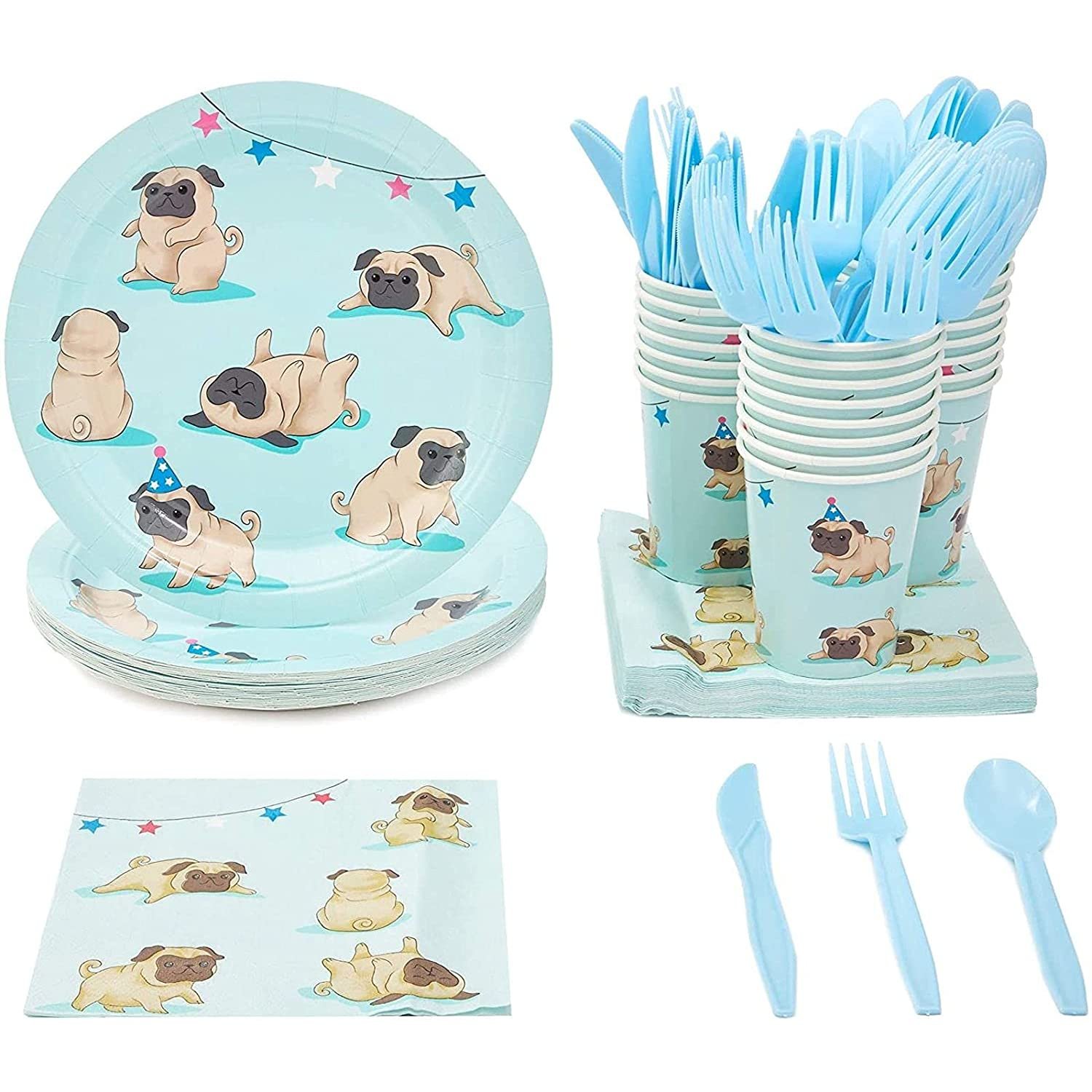 Pug Party Supplies, Dog Birthday Decorations, Paper Plates, Napkins, Cups, Cutlery (24 Gu