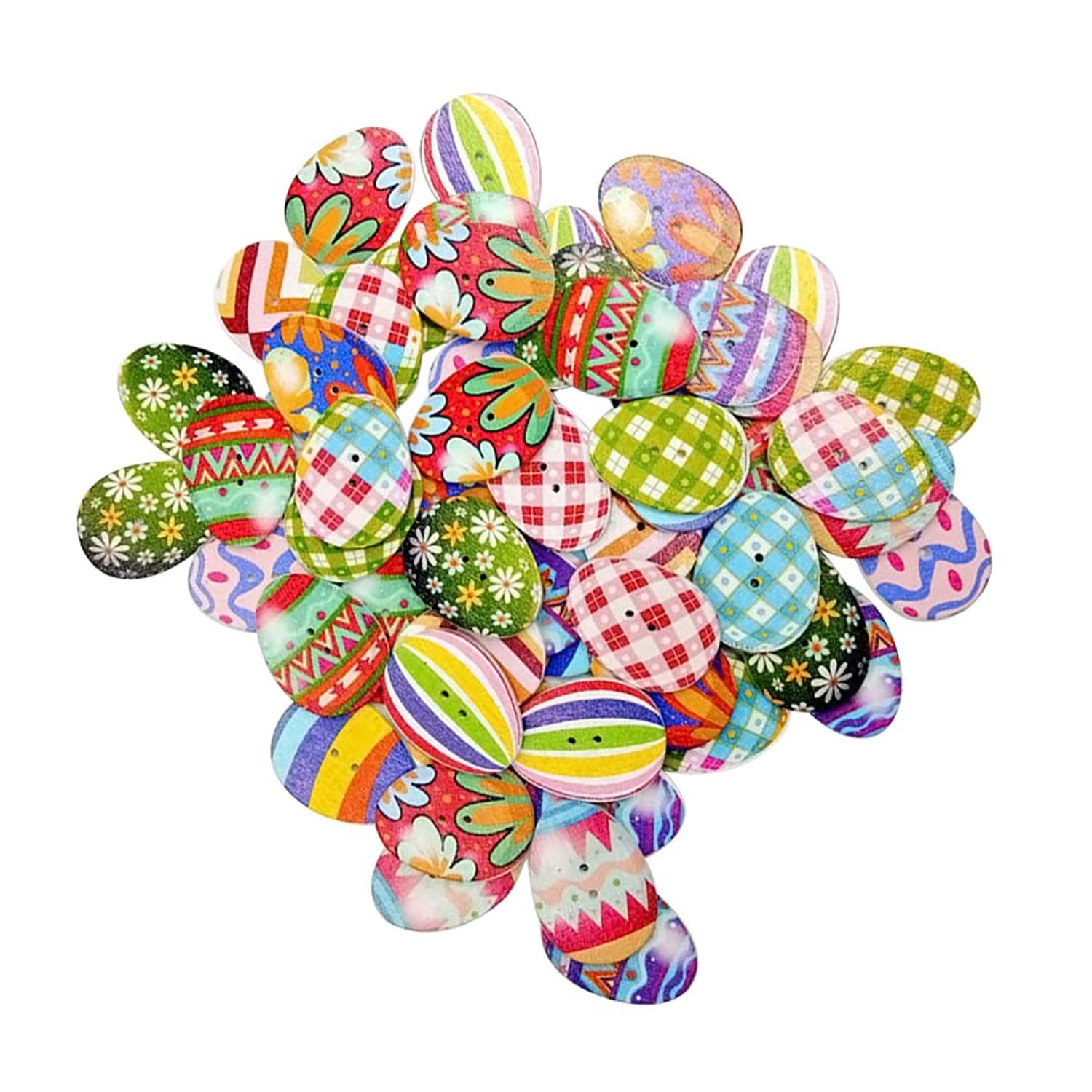 50Pcs Wooden Easter Eggs Buttons Easter Egg Buttons Mixed Color With 2