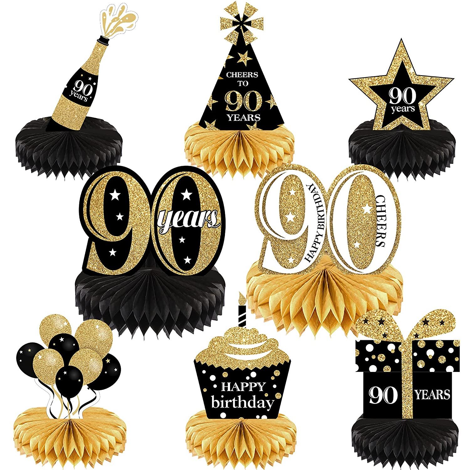 8 Pieces 90Th Birthday Decorations Set, Happy 90Th Honeycomb ...