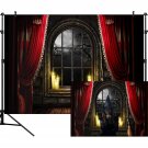 9X6Ft Halloween Themed Photography Backdrop Curtain Floor Balcony Moon Magical Broom Back
