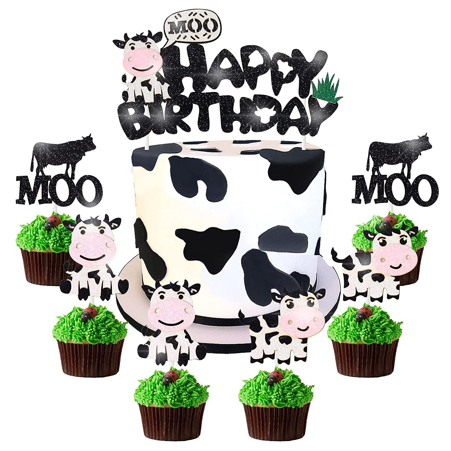 25Pcs Milk Cow Party Happy Birthday Glitter Cake Cupcake Toppers,Farm Animal Theme Party
