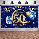 Blue Gold 50Th Birthday Banner Decorations For Men, Large Happy 50 Birthday Backdrop Part