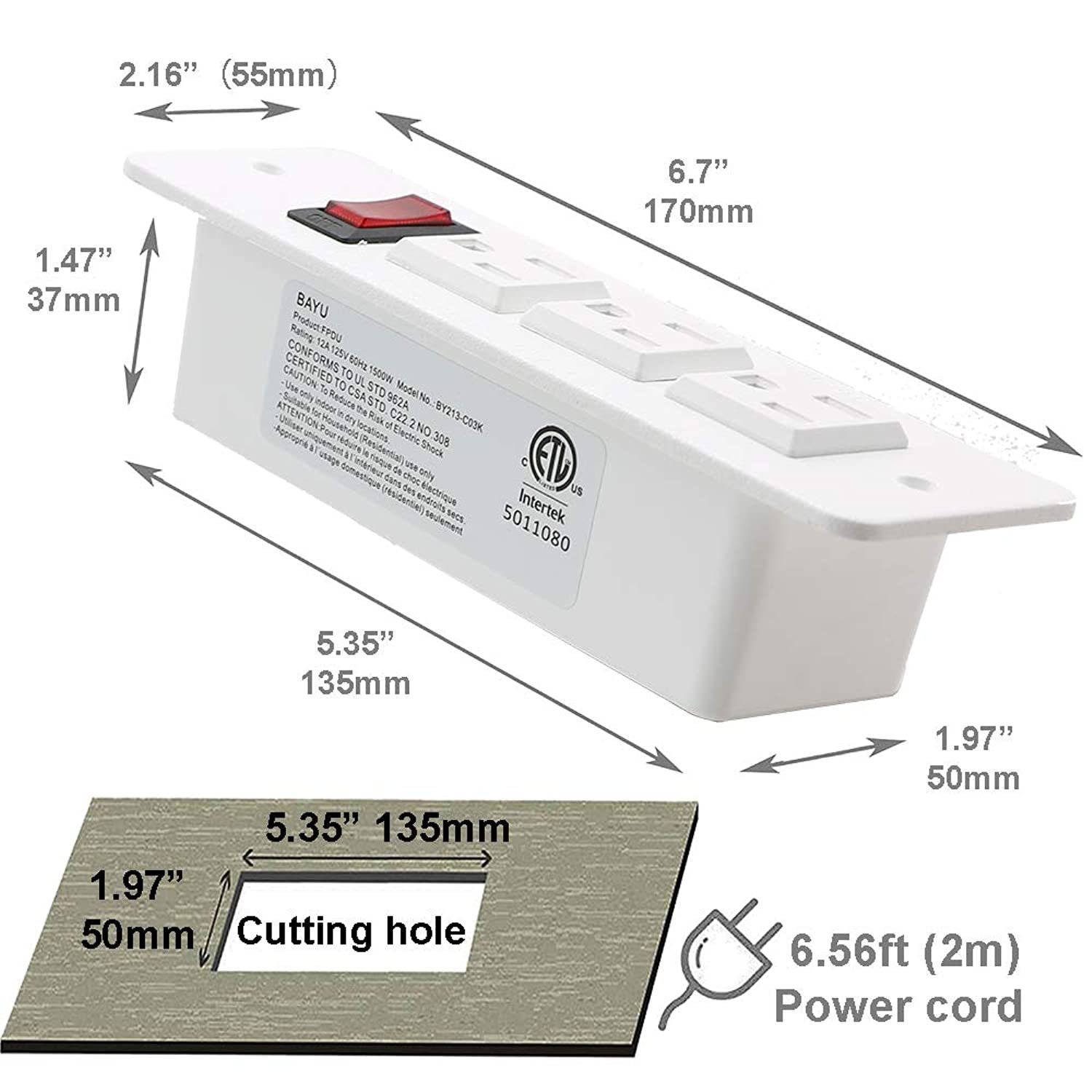 Recessed Power Strip Countertop Power Grommet Desk Mountable Power