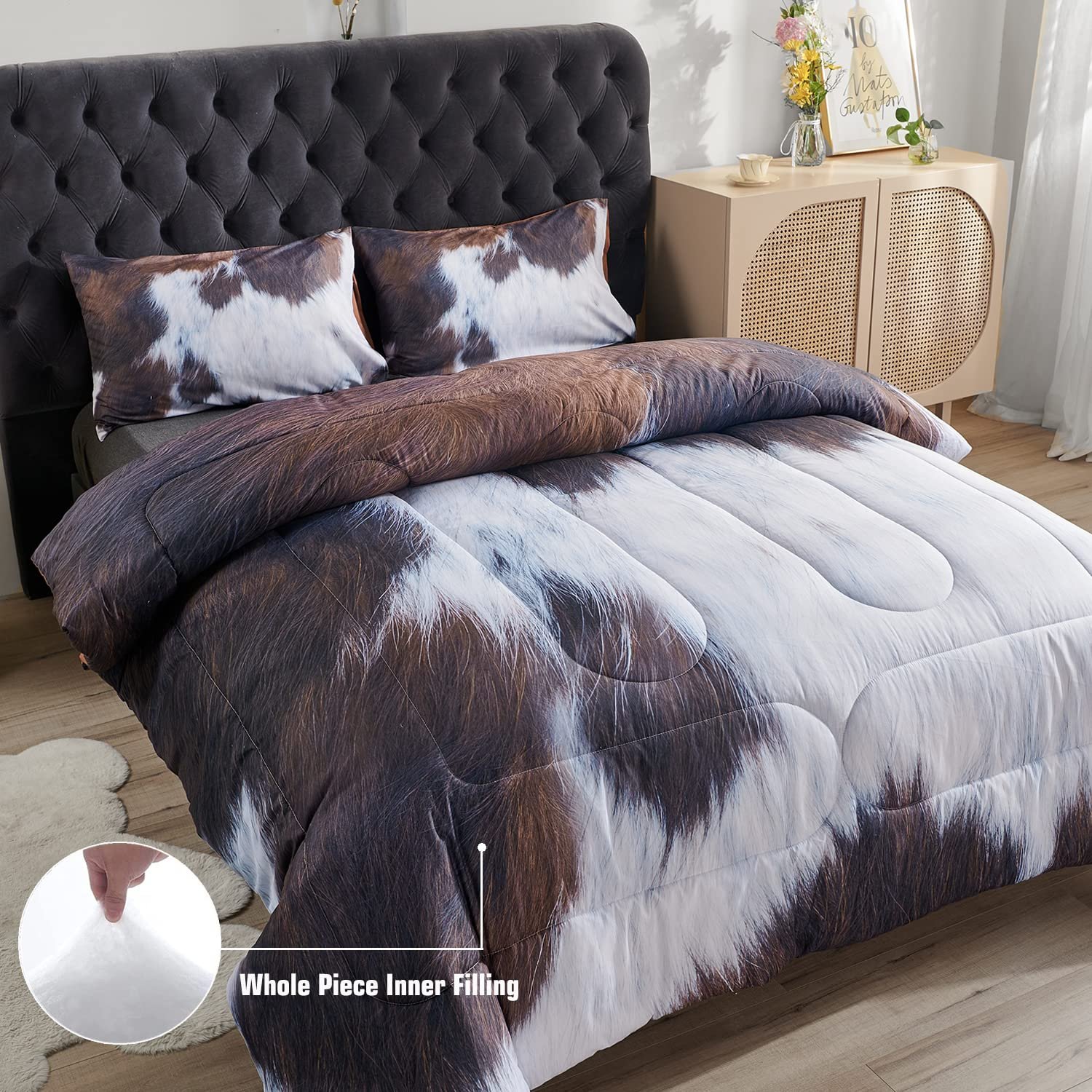 Cow Print Comforter Set Queen Size, Highland Cowhide Rustic Farmhouse