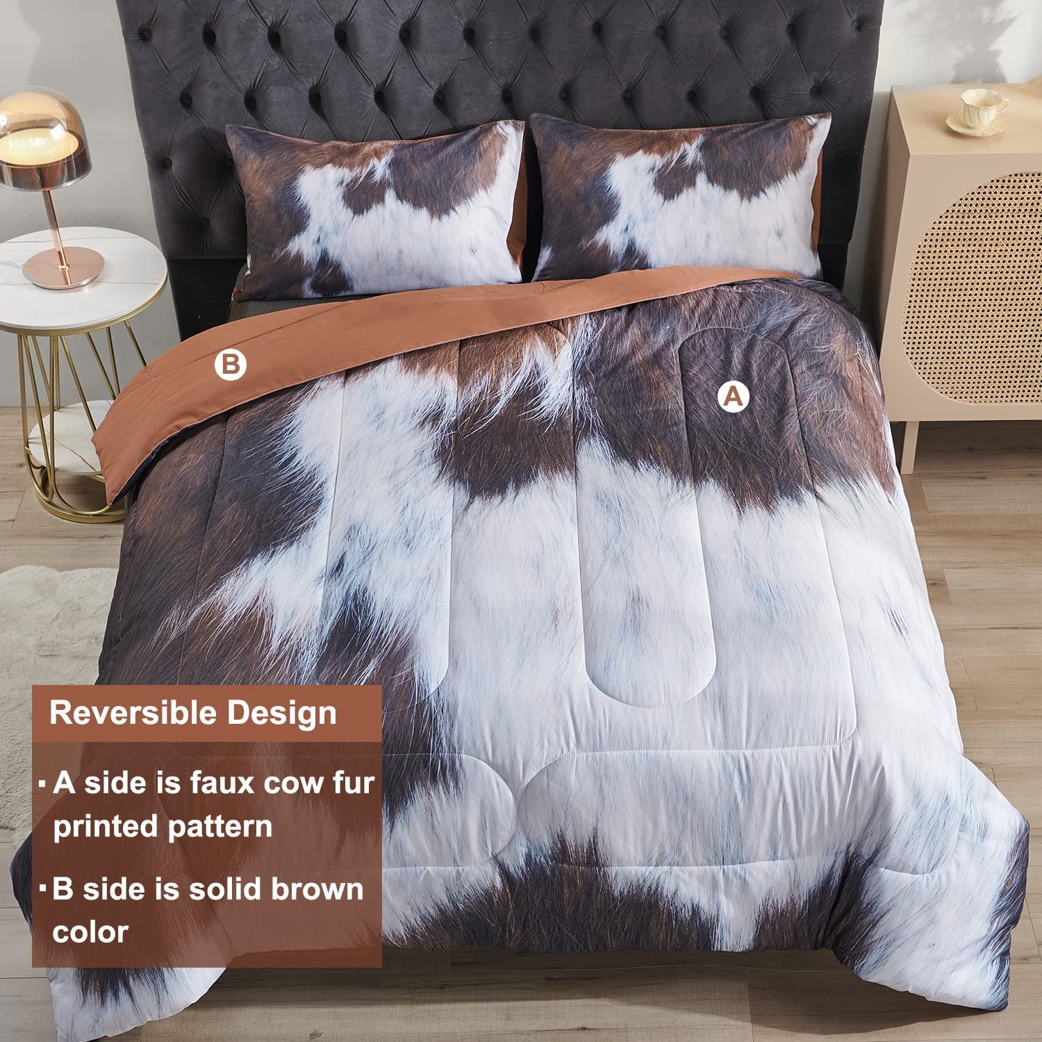 Cow Print Comforter Set Queen Size, Highland Cowhide Rustic Farmhouse