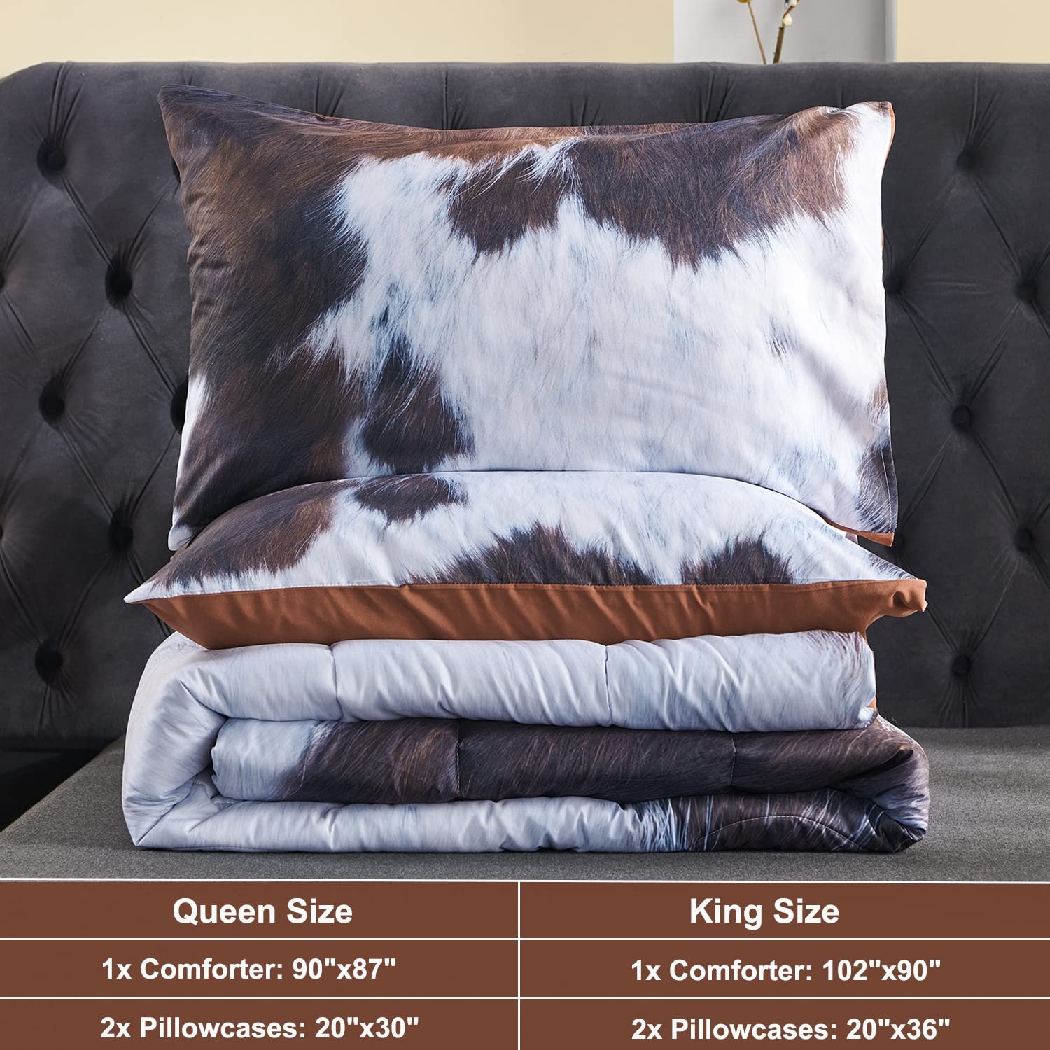 Cow Print Comforter Set Queen Size, Highland Cowhide Rustic Farmhouse Bedding Set, Wester