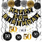 Black & Gold Glittery Happy 50Th Birthday Banner,Poms,Sparkling 50 Hanging Swirls Kit For
