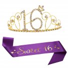 16Th Birthday Tiara And Sash, Glitter Satin Sash""Sweet 16"" And Gold Crystal Rhinestone Bi