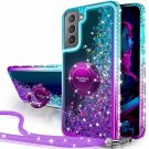 For Galaxy S21 Case, Moving Liquid Holographic Sparkle Glitter Case With Kickstand, Girls