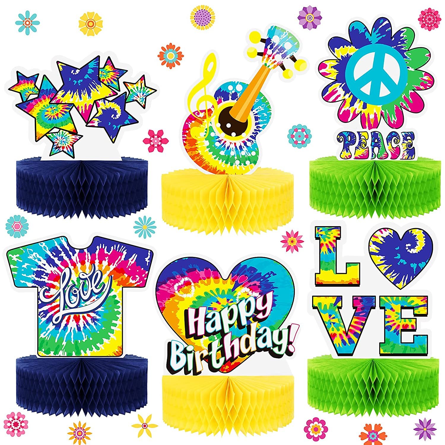 6 Pieces Tie Dye Party Honeycomb Centerpieces Tie Dye Birthday Party Decorations Sunflowe