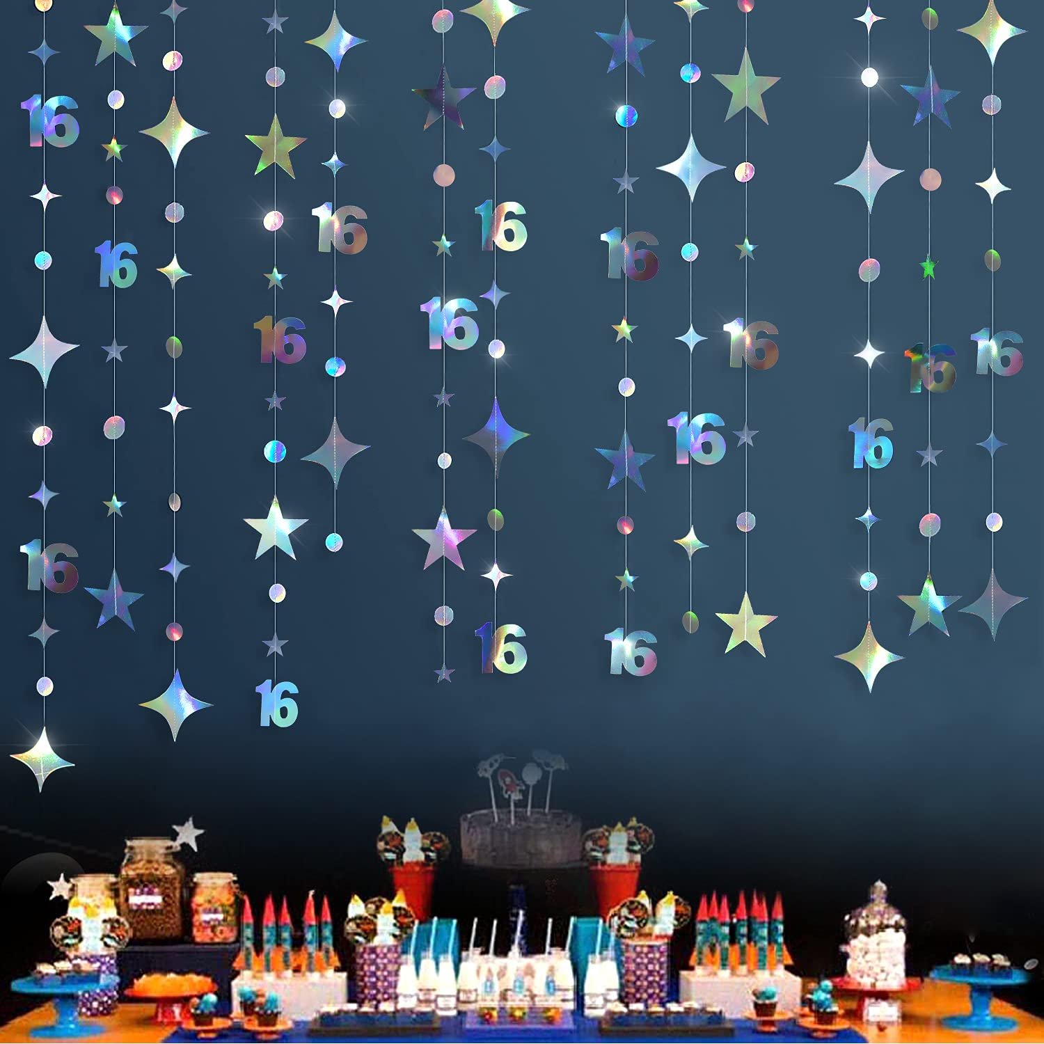 Sweet 16 Sixteen Birthday Party Decorations For Girls, Iridescent Number 16 Circle Dot Tw
