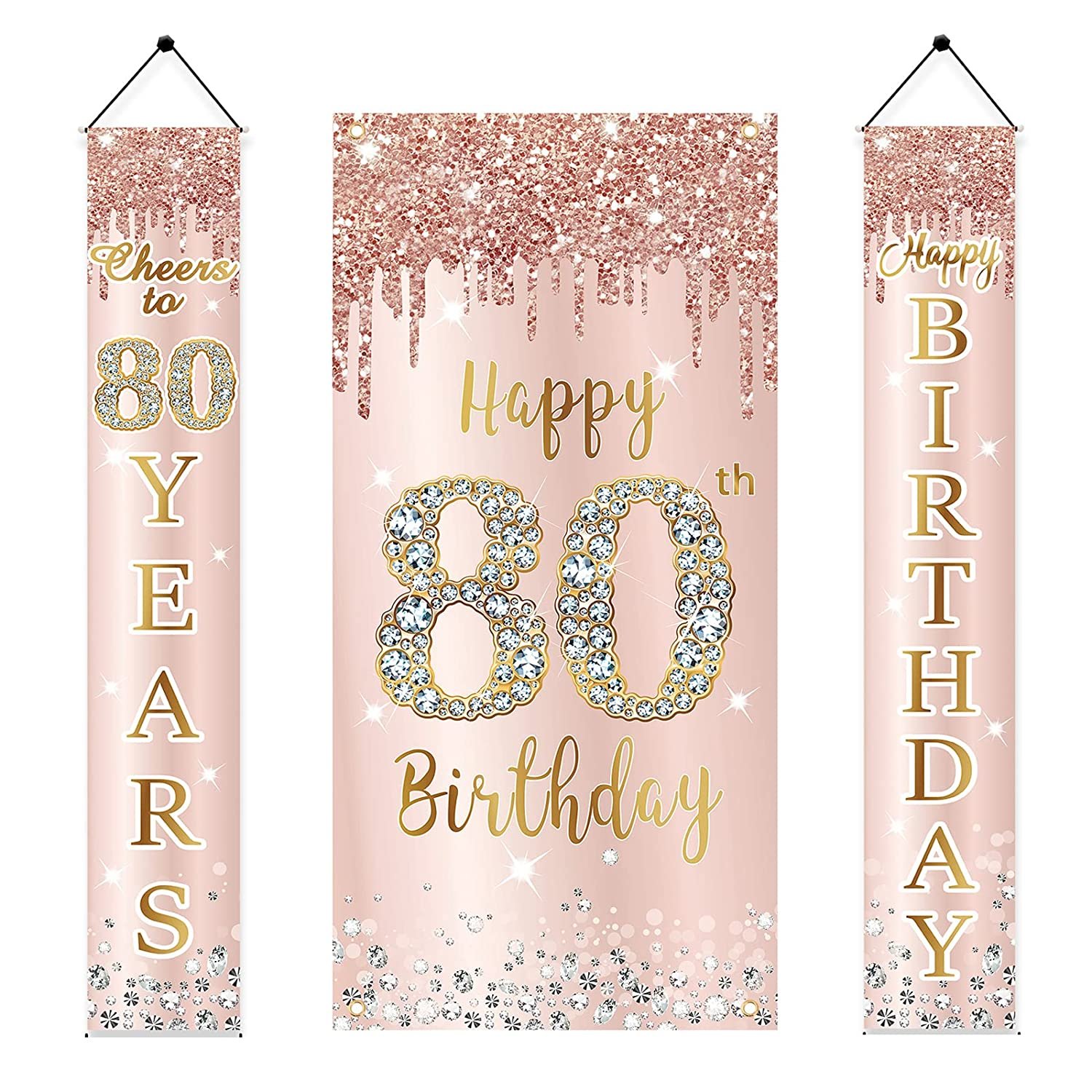 80Th Birthday Door Banner Decorations For Women, Pink Rose Gold Happy 80Th Birthday Door