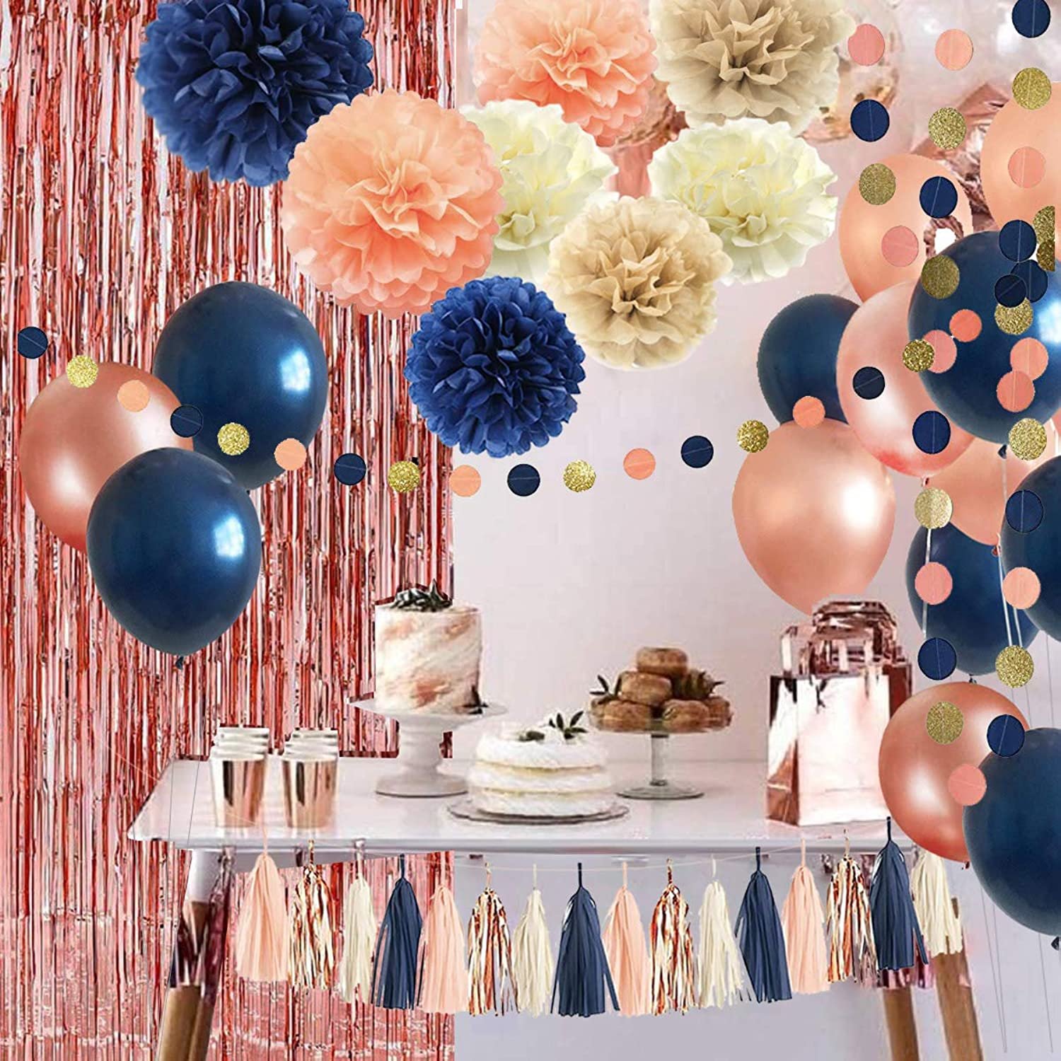 32 Pack Navy Blue Rose Gold Party Decoration Kit, Navy Rose Gold Balloons, Curtains, Pape