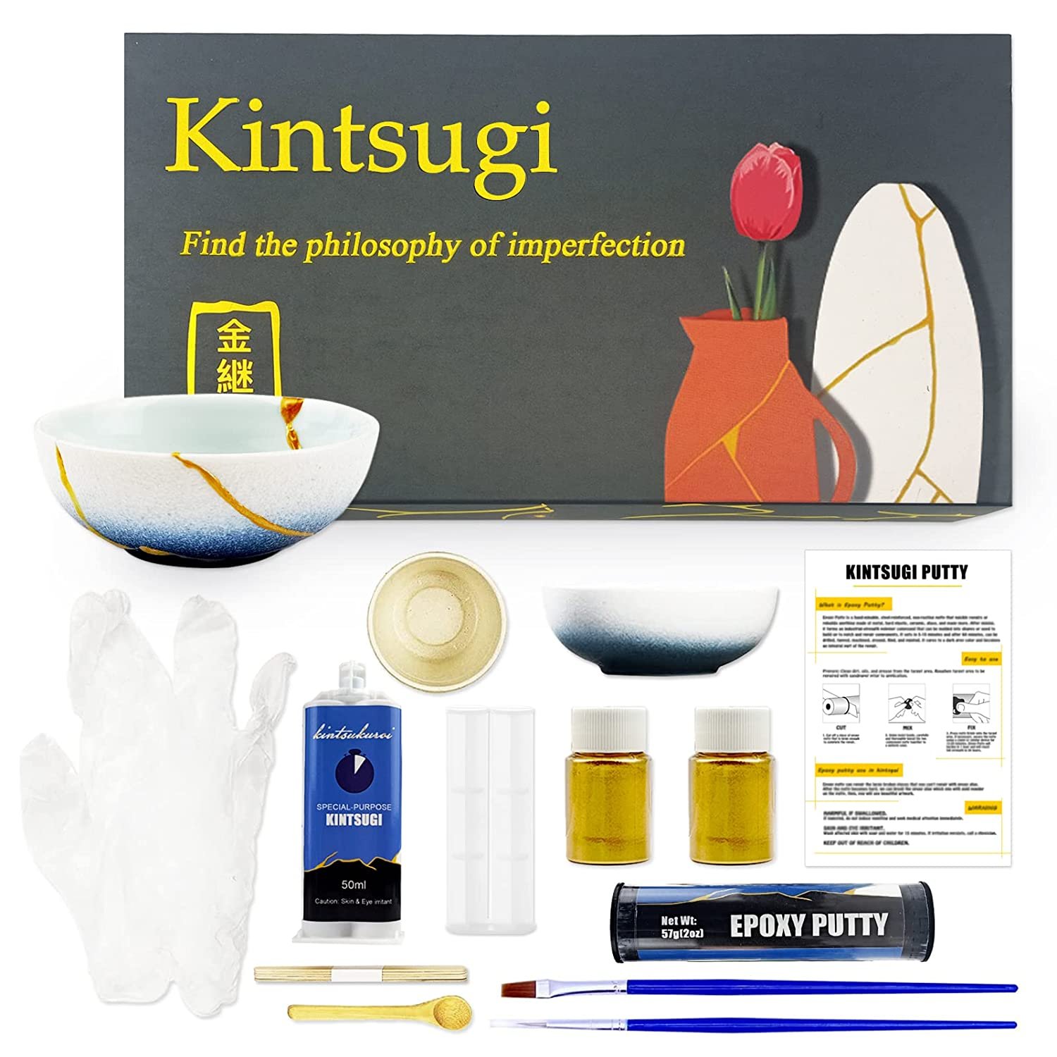 Kintsugi Repair Kit (Upgrade), Repair Your Cherish Ceramics With Gold Powder & 50Ml Glue