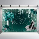 Teal Silver Birthday Backdrop Glitter Turquoise Dots Silver High Heels Champagne Glass Ro