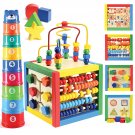 Wooden Activity Cube For Baby - 6 In-1 Baby Activity Play Cube With Bead Maze, Shape Sort