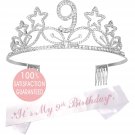 9Th Birthday Gifts For Girl, 9Th Birthday Tiara And Sash Silver, Happy 9Th Birthday Party