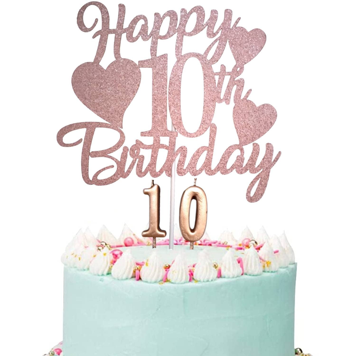 Happy 10Th Birthday Cake Topper, Rose Gold 10Th Birthday Cake Topper, Double Digits Cake 