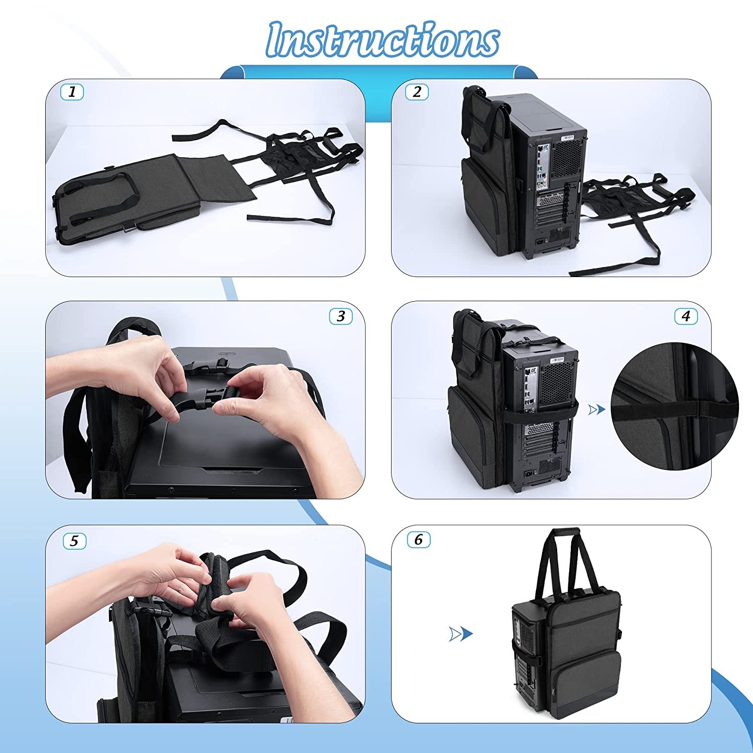 Pc Tower Carrying Strap With Handle, Desktop Carrying Case With Pockets