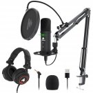 Usb Podcast Microphone With Headphone Set, Zero-Latency Monitoring Computer Condenser Pc Mic 192Kh