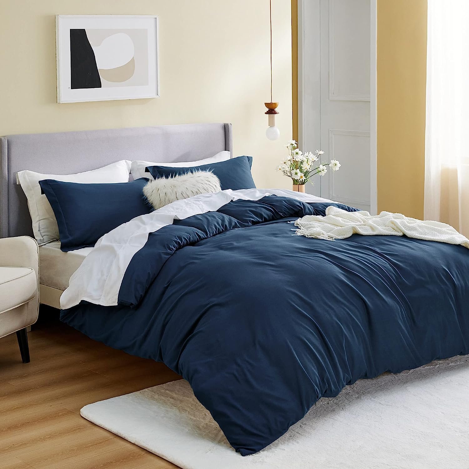Navy Duvet Cover Full Size Soft Brushed Microfiber 3 Pieces With