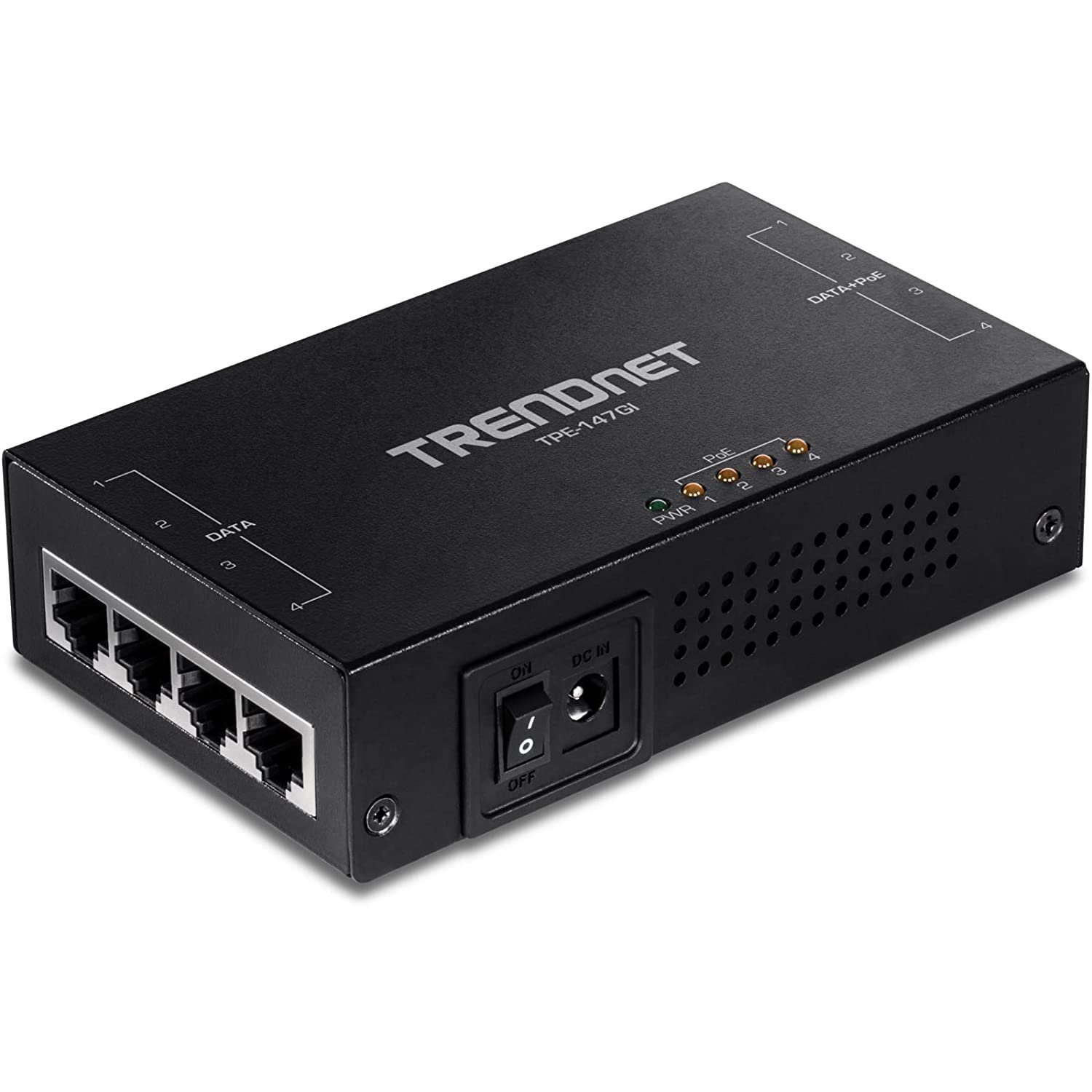 TRENDnet 65W 4-Port Gigabit PoE+ Injector, TPE-147GI, 4 x Gigabit Ports(Data in), 4 x gigabit PoE 