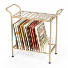 2-Tier Gold Metal Record Player Stand With 14 Slot Vinyl Record Holder - Turntable Storage With Re