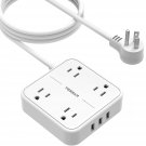 Flat Extension Cord 10 Ft, 4 Outlets 3 Usb Ports Power Strip, Wall Mountable Charging Station, 125