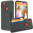 For Samsung Galaxy A11 - Black Hybrid Credit Card Id Pocket Non-Slip Case Cover