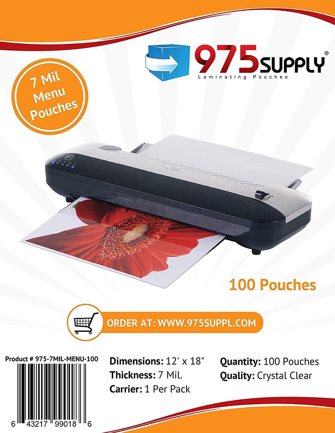 7Mil. Menu Thermal Laminating Pouches. 12"" X 18"". Clear. 100 Pouches.
