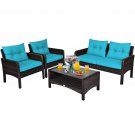 4Pcs Patio Rattan Furniture Set Loveseat Sofa Coffee Table W/Turquoise Cushion