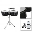 Percussion 13"" 14"" Timbales Drum Set with Stand and Cowbell Black Kit