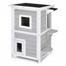 2-Tier Wooden Cat House Outdoor Kitty Shelter w/ Escape Door Rainproof