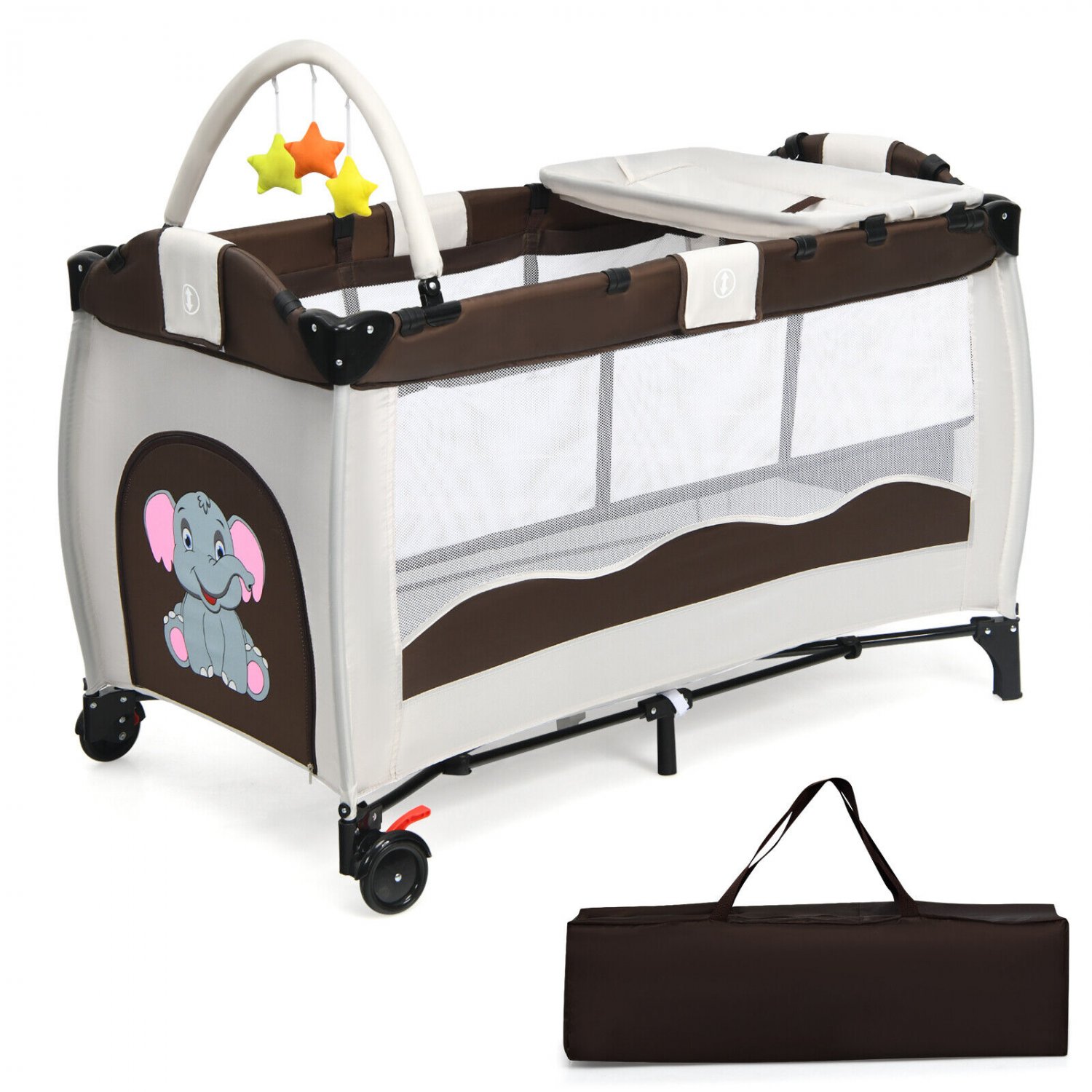 Costway Coffee Baby Crib Playpen Playard Pack Travel Infant Bassinet Foldable