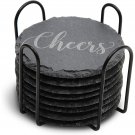 Round Black Slate Stone Coasters Set with Steel Stand (3.8 Inches, 8 Pack)