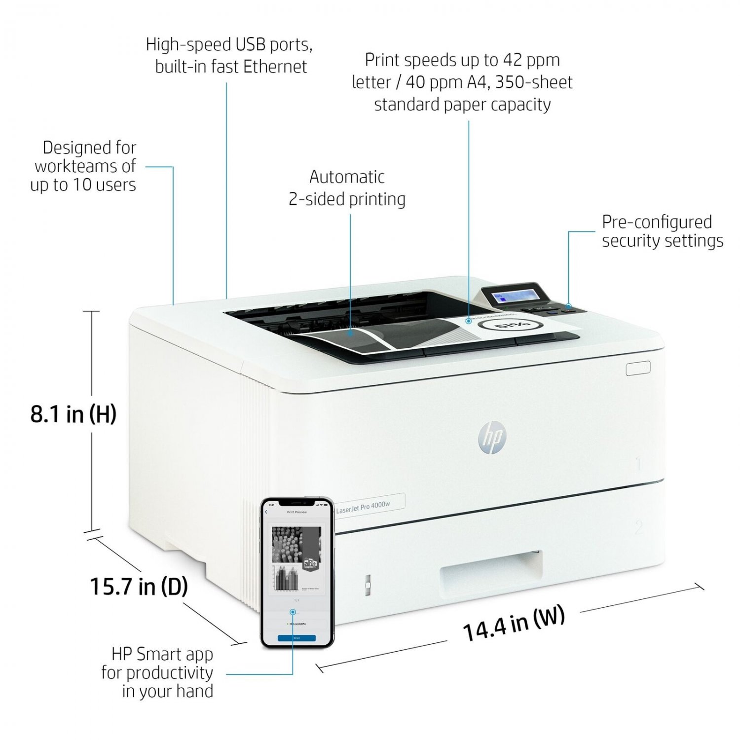 HP LaserJet Pro 4001dw Laser Printer, Black And White Mobile Print Up