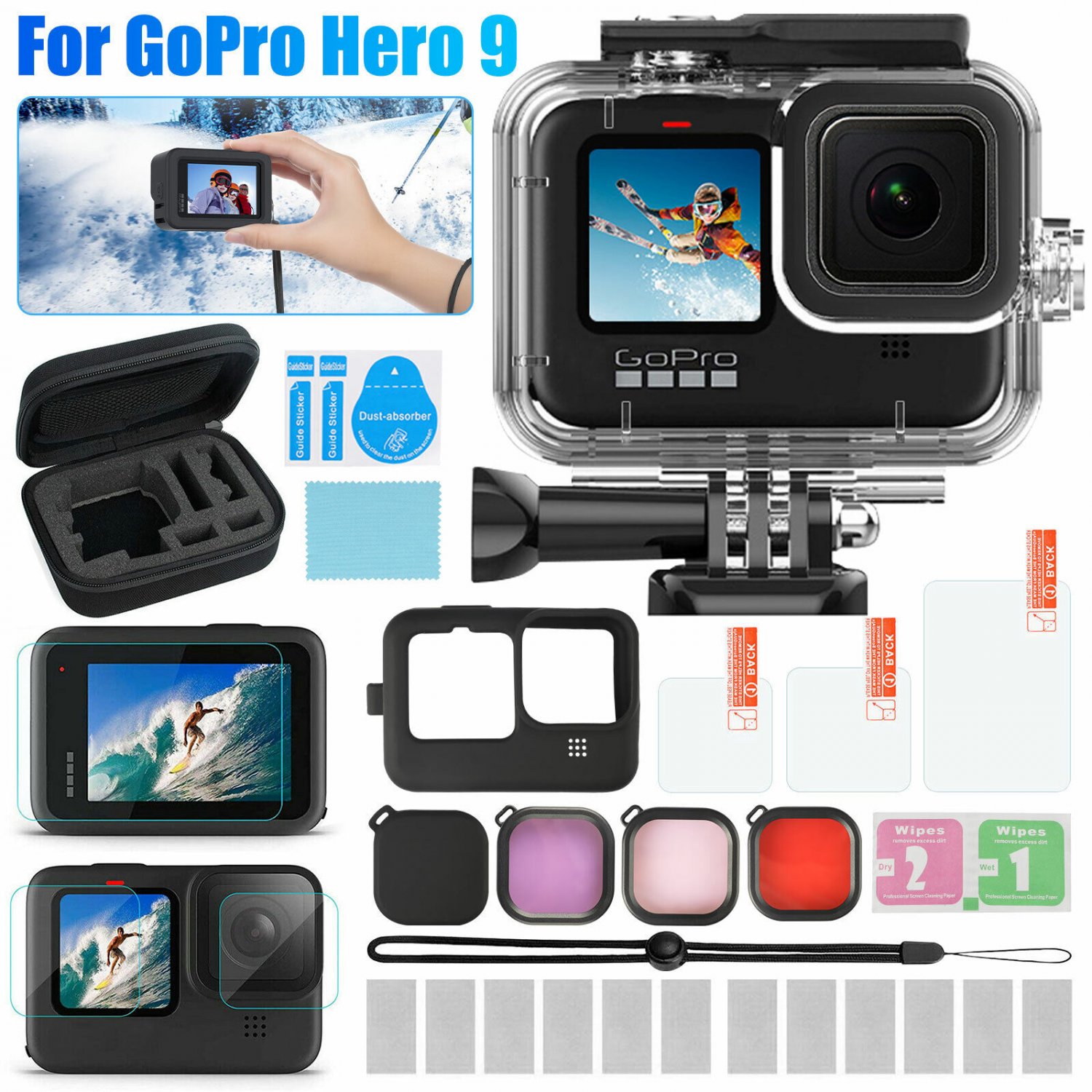 26Pcs for GoPro Hero 9 10 Waterproof Housing Case Screen Protective Film Kit Bag