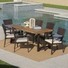Landon Outdoor 7 Piece Dining Set with Teak Finished Wood Table and Brown Chairs