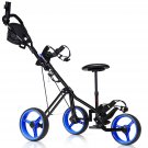 Portable 3 Wheel Push Pull Golf Club Cart Trolley w/Seat Scoreboard Bag Blue