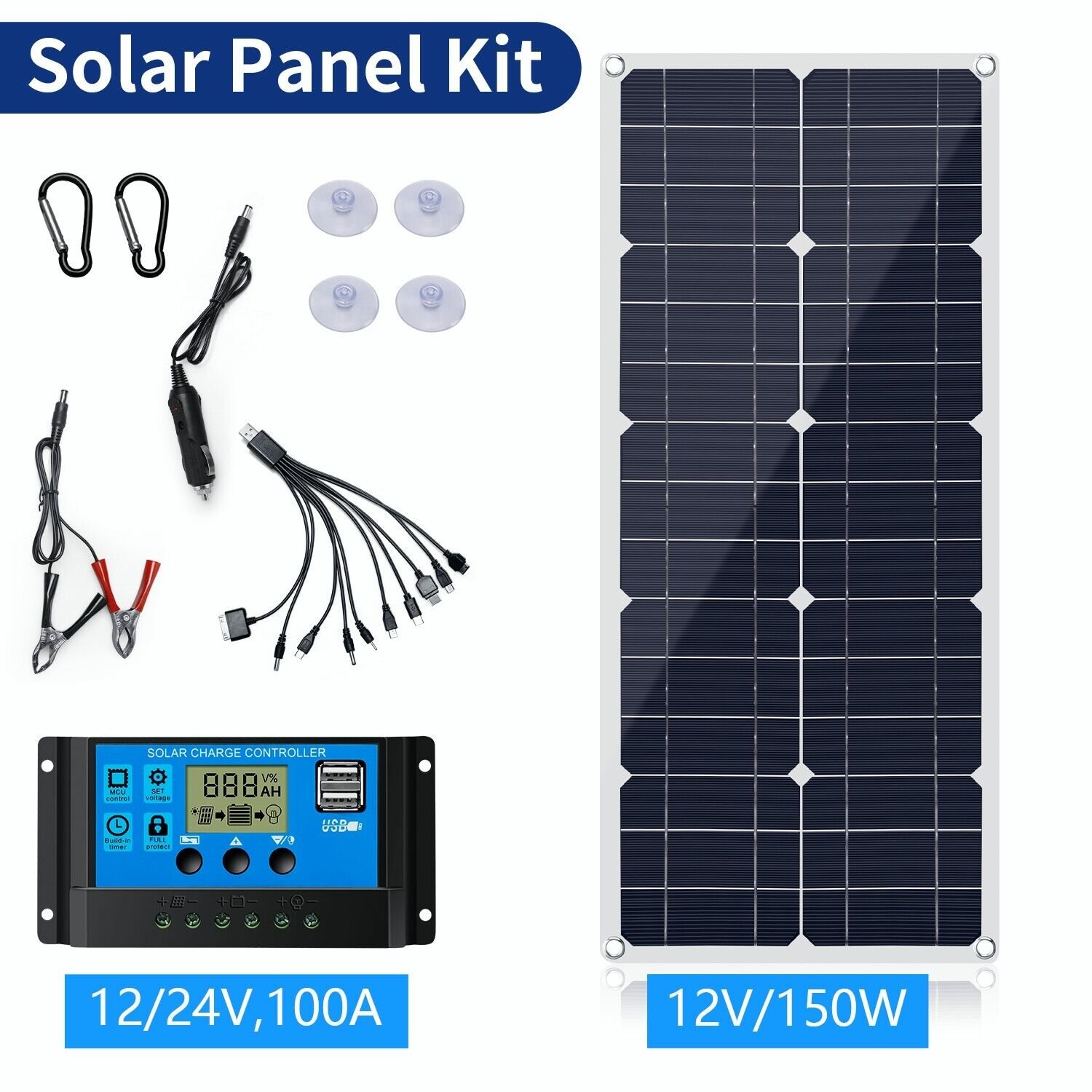 12V Solar Panel 150 Watt Monocrystalline Module PV 30A Controller Boats RV Car
