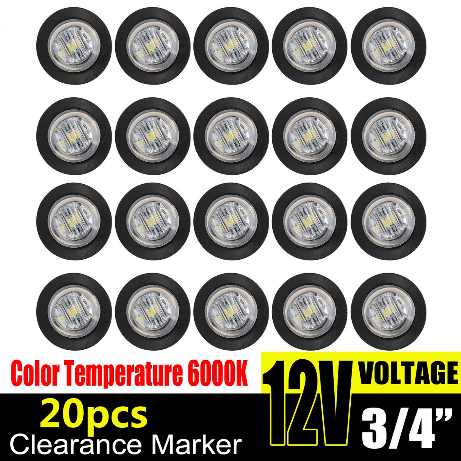 20x 3/4"" 12V Side Marker Light LED Truck Trailer Round Underbody Rock Lamp White