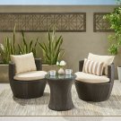 Kyoto Outdoor Round 3-Piece Brown Wicker Chat Set with Beige Cushions