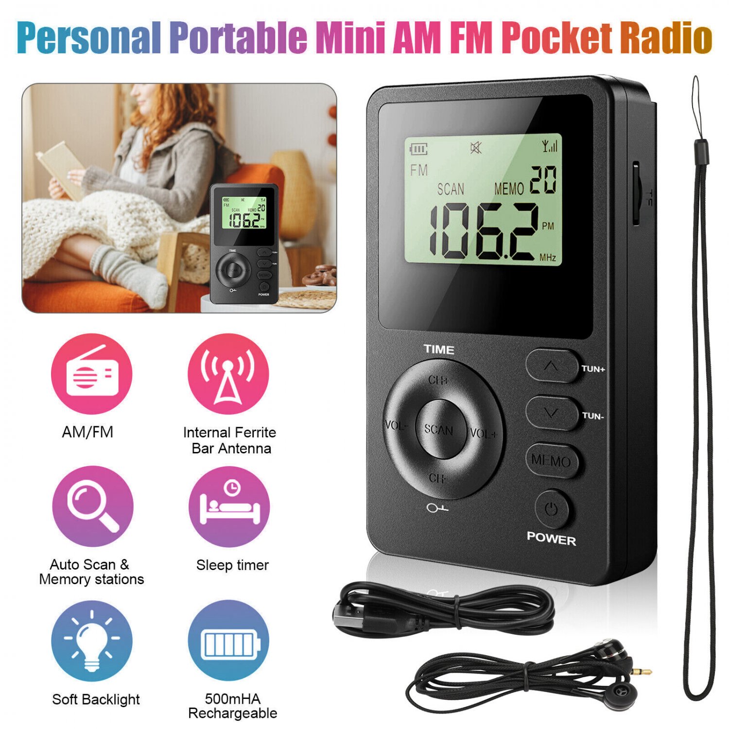 Portable Pocket FM AM Radio Digital Rechargeable Walkman Sporting+3.5mm Earphone