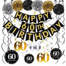 Black & Gold Glittery Happy 60Th Birthday Banner,Poms,Sparkling 60 Hanging Swirls Kit For 60Th Bir