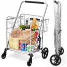 Heavy Duty Folding Shopping Cart Utility Jumbo Double Basket 330lbs Silver
