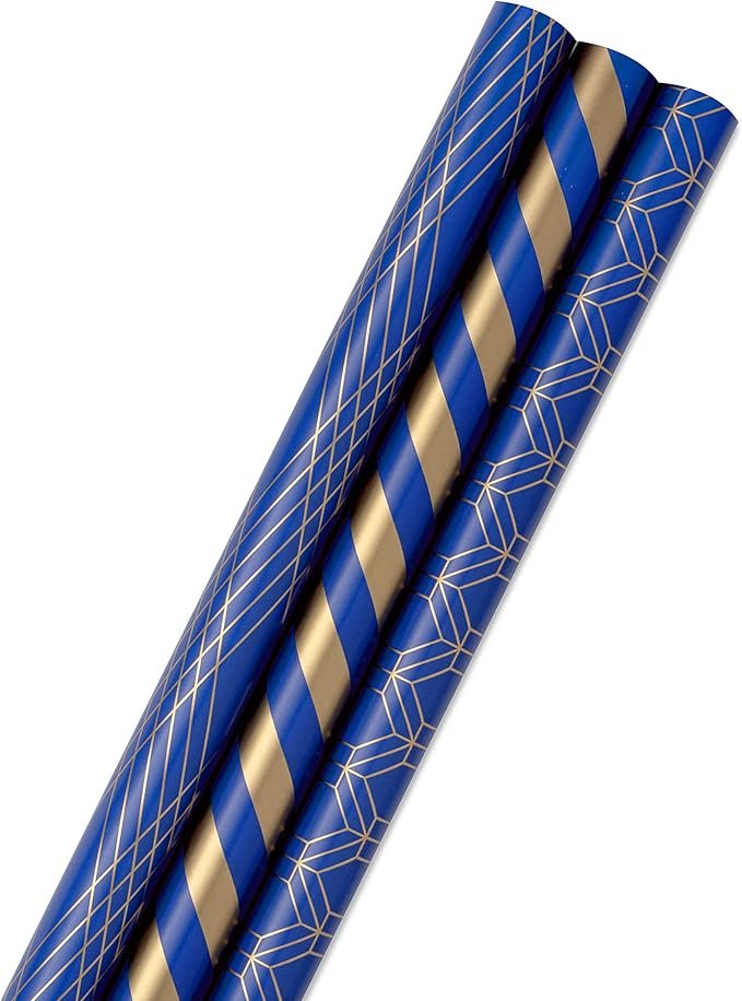 Navy & Gold Gift Wrap Paper &acirc;�� Metallic Stripes & Geometric (Set of 3 Rolls)