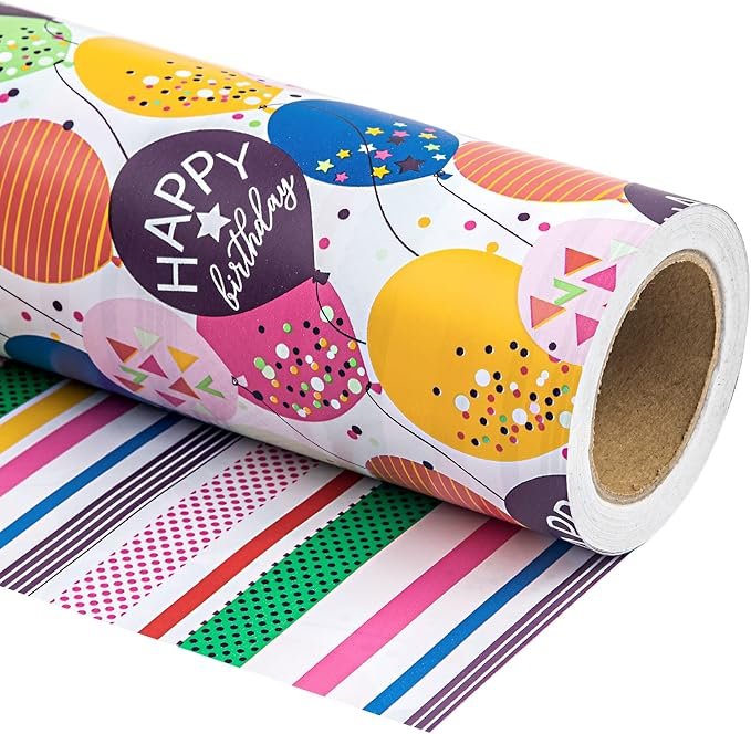 Reversible Birthday Wrapping Paper &acirc;�� Mini Roll 17"x33 ft, Balloons & Confetti
