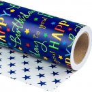 Reversible Birthday Wrapping Paper – 17"x33 ft, Blue Star Design for All Ages