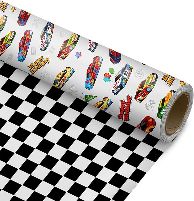 Race Car Reversible Wrapping Paper &acirc;�� 17.5"x33 ft, Checkered Flag Design